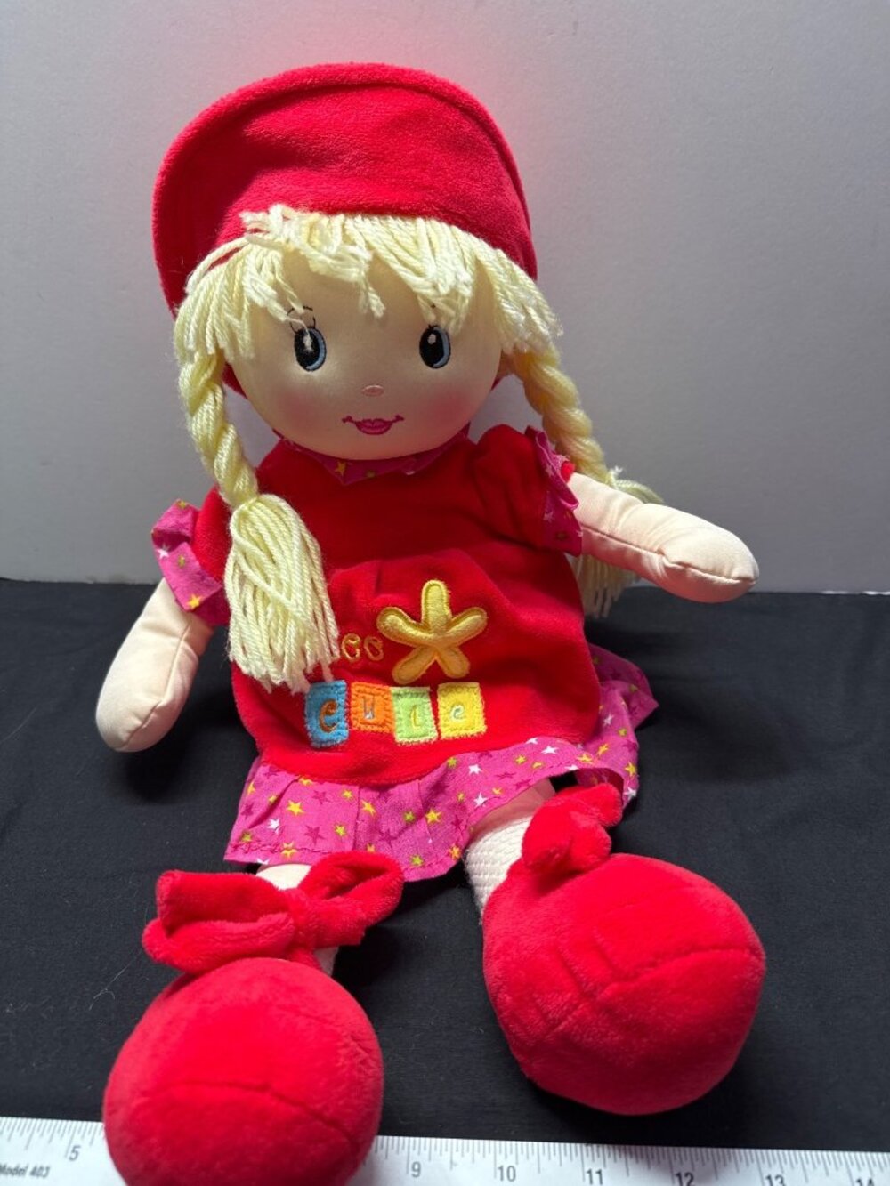 Linzy Plush Rag Doll 18" Too Cute Embroidered Red Hat Pink Star Dress Soft Washa